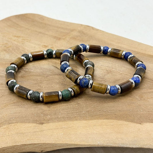 Bracelet Homme Grand Tube En Pierres Naturelles Et Acier Inoxydable Blanc