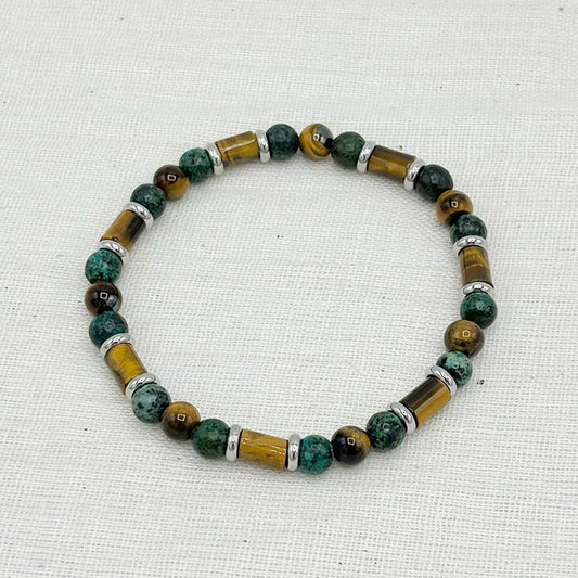 Bracelet Homme En Pierre Naturelle D'Œil De Tigre, Turquoise Africaine Et En Acier Blanc