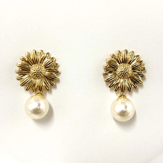 Boucles D'Oreilles Acier Inoxydable Doré Fleur Perle