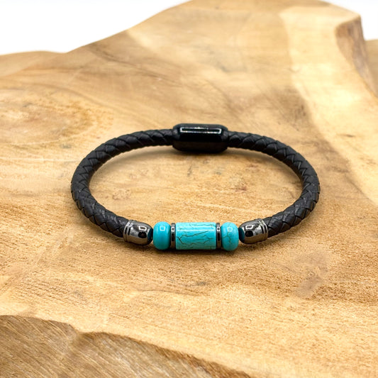 Bracelet Homme Acier Inoxydable Cuir Pierre Naturelle Howlite Bleu