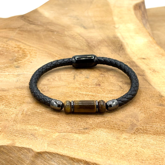 Bracelet Homme Acier Inoxydable Cuir Pierre Naturelle Œil De Tigre