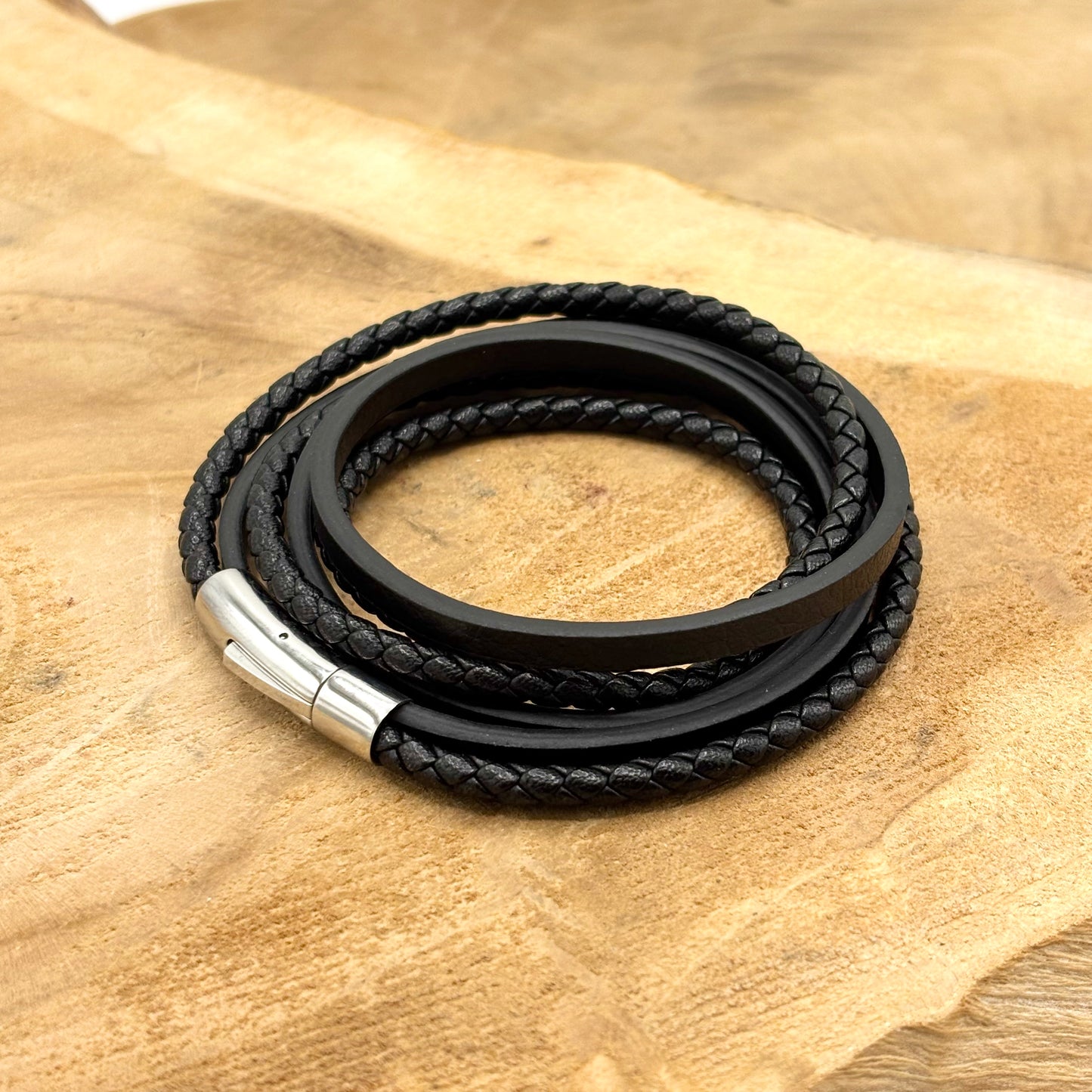 Bracelet Homme Acier Inoxydable Cuir Tressé