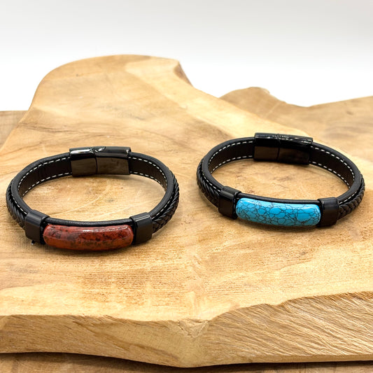 Bracelet Homme Acier Inoxydable Cuir Pierre Naturelle