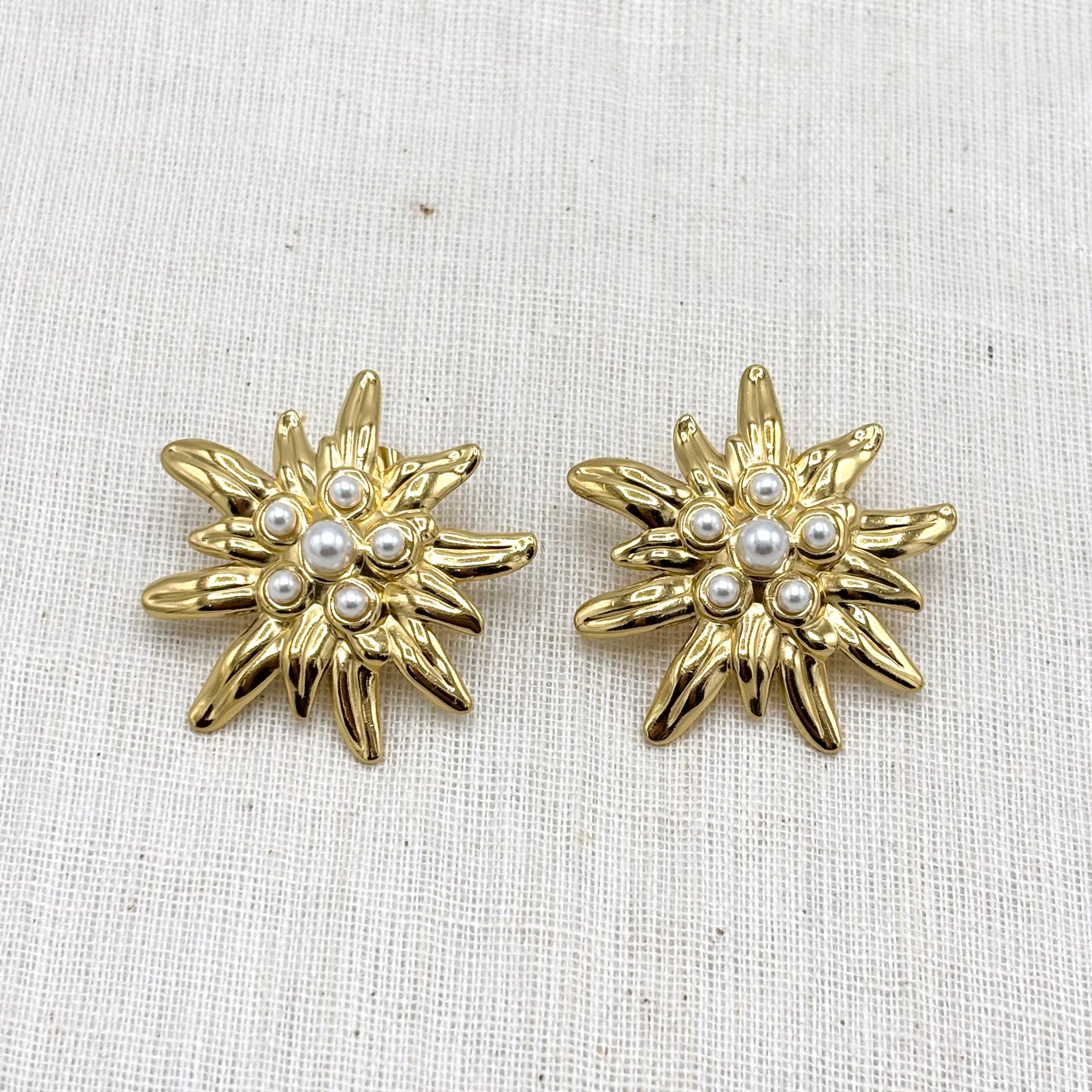 Boucles D'Oreilles Acier Inoxydable Doré Fleur Perle Synthétique