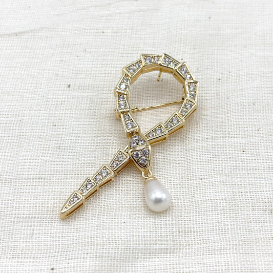 Broche Serpent Strass Perle Acier Inoxydable Doré