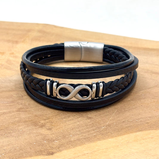 Bracelet Homme Cuir Acier Inoxydable Infini
