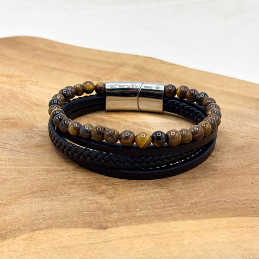 Bracelet Homme Cuir Acier Inoxydable Pierre Naturelle