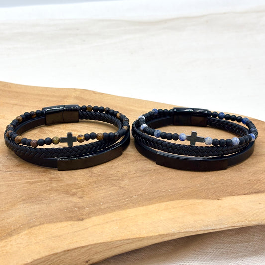 Bracelet Homme Cuir Acier Inoxydable Pierre Naturelle Croix
