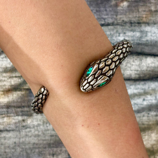 Bracelet Serpent Yeux Verts Acier Inoxydable Blanc