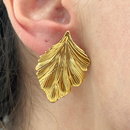 Boucles D'Oreilles Feuille Acier Inoxydable Doré