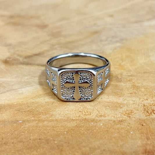 Bague Chevalière Carré Acier Inoxydable Croix