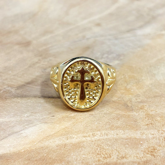 Bague Chevalière Acier Inoxydable Doré Ovale Croix