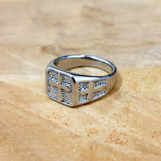 Bague Chevalière Carré Acier Inoxydable Croix