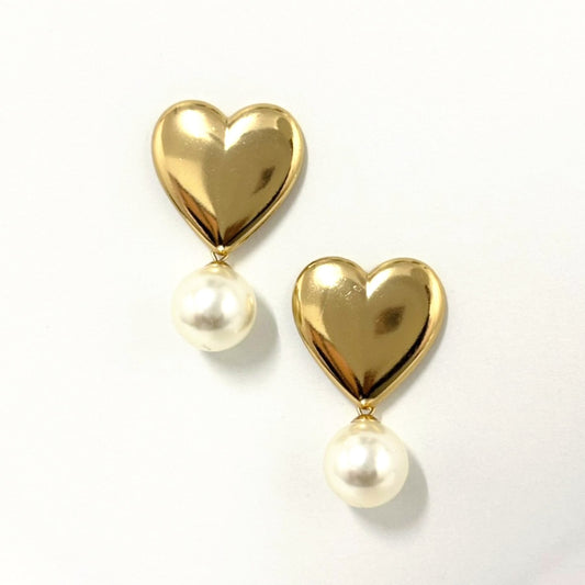 Boucles D'Oreilles Pendentes Acier Inoxydable Doré Cœur Perle