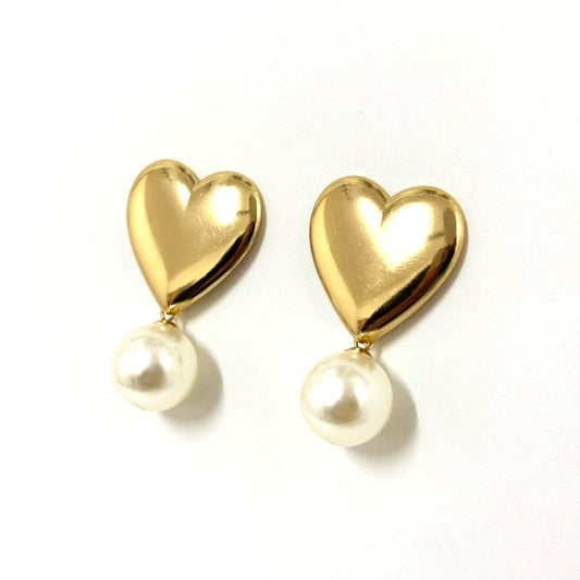 Boucles D'Oreilles Pendentes Acier Inoxydable Doré Cœur Perle