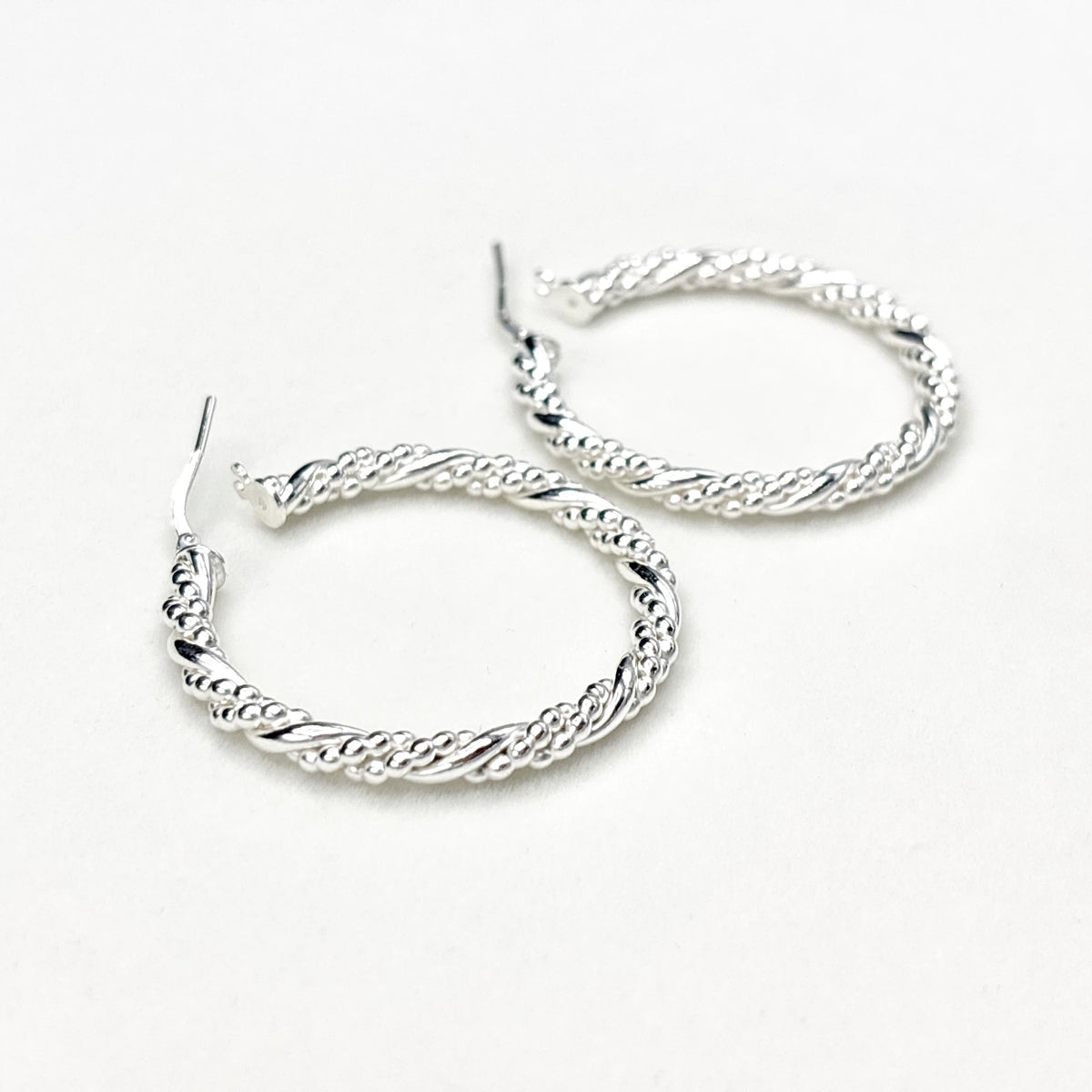 Boucles D'oreilles Créoles Argent 925 Torsadées & Perlées