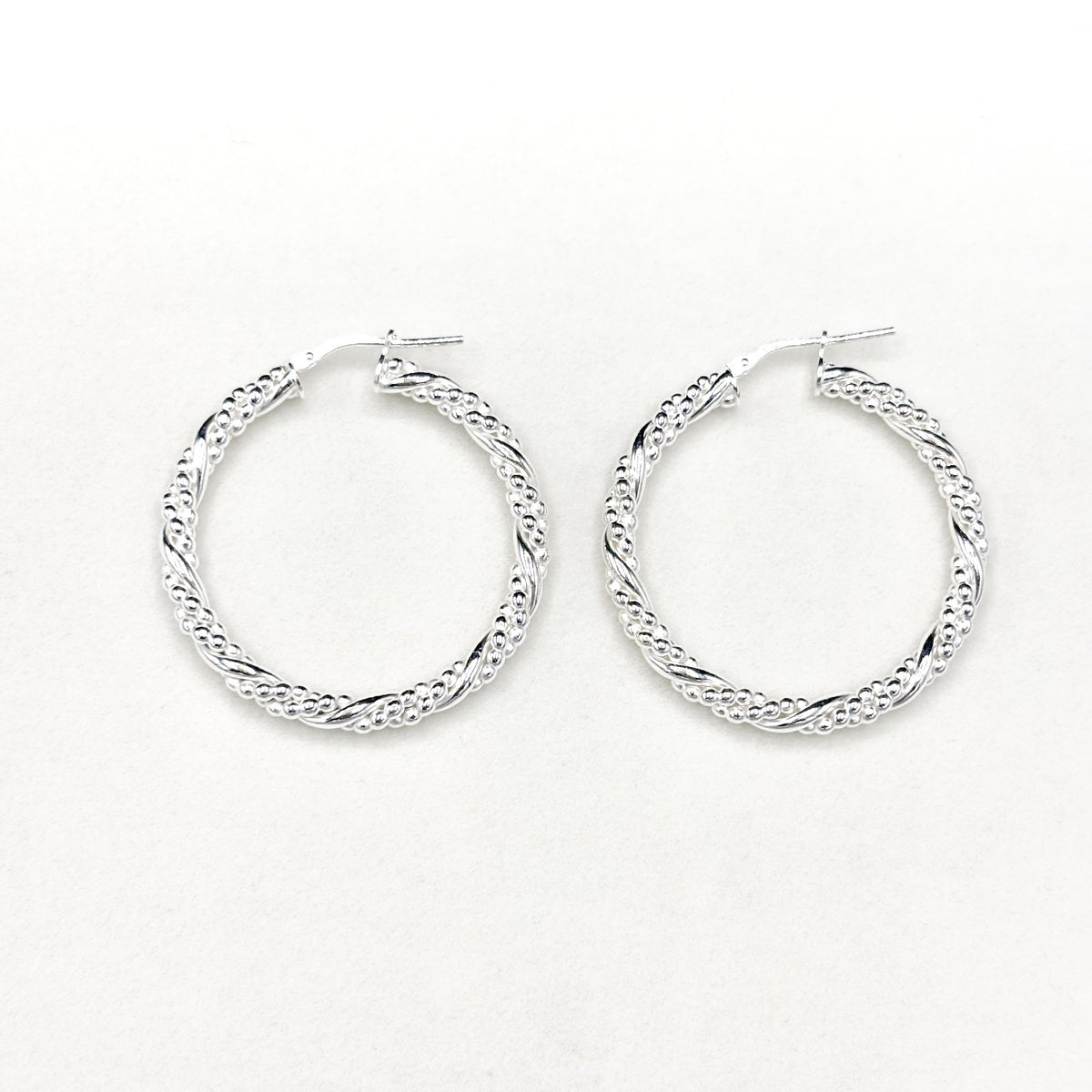 Boucles D'oreilles Créoles Argent 925 Torsadées & Perlées