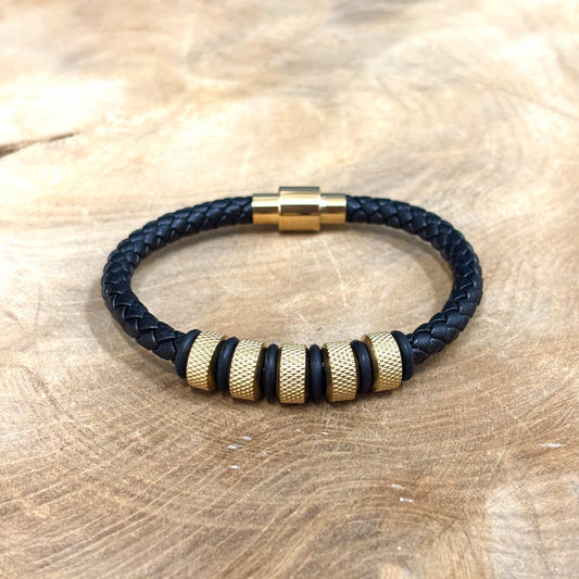 Bracelet Homme Acier Inoxydable Doré Cuir