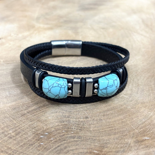 Bracelet Homme Acier Cuir Pierre Naturelle