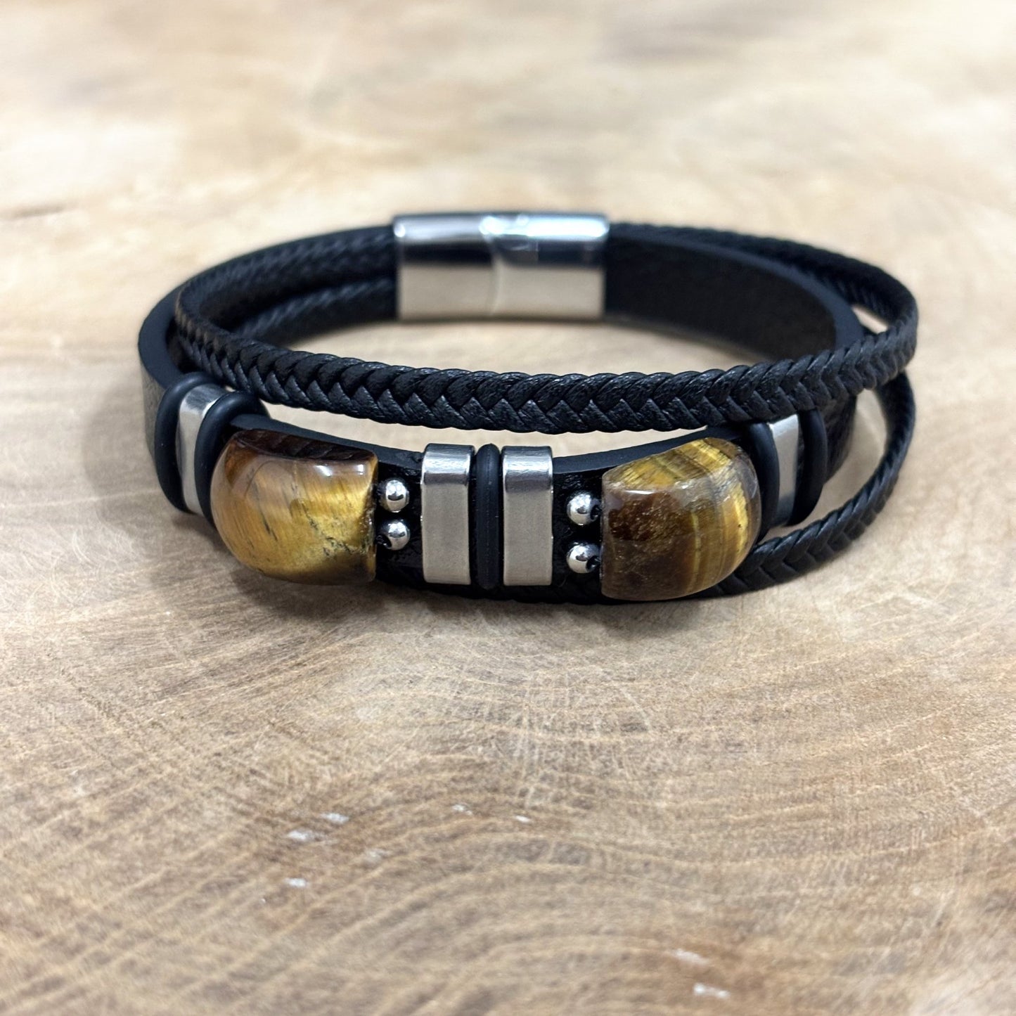 Bracelet Homme Acier Cuir Pierre Naturelle
