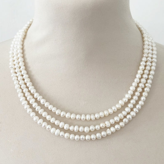 Collier 3 Rangs Perle D'Eau Douce Acier Inoxydable Strass