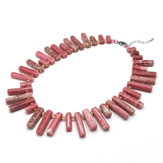 Collier Pierre Naturelle Rhodochrosite Bâtonnets Irréguliers Acier Inoxydable