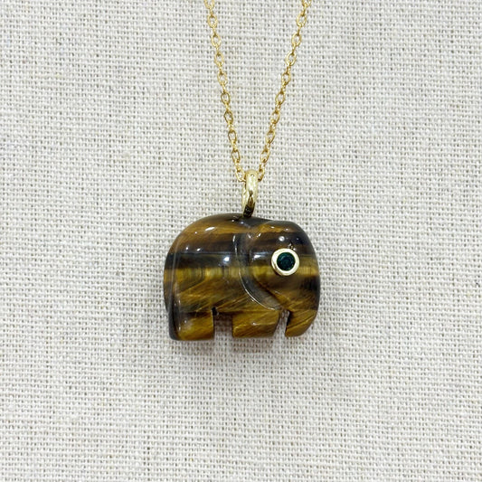 Pendentif Pierre Naturelle Laiton Gravure Éléphant