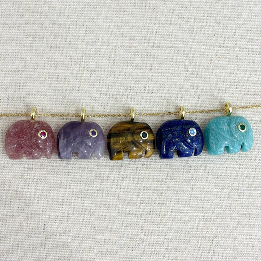 Pendentif Pierre Naturelle Laiton Gravure Éléphant