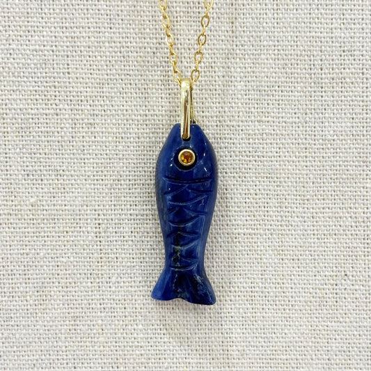 Pendentif Pierre Naturelle Laiton Verre Teinté Gravure Poisson
